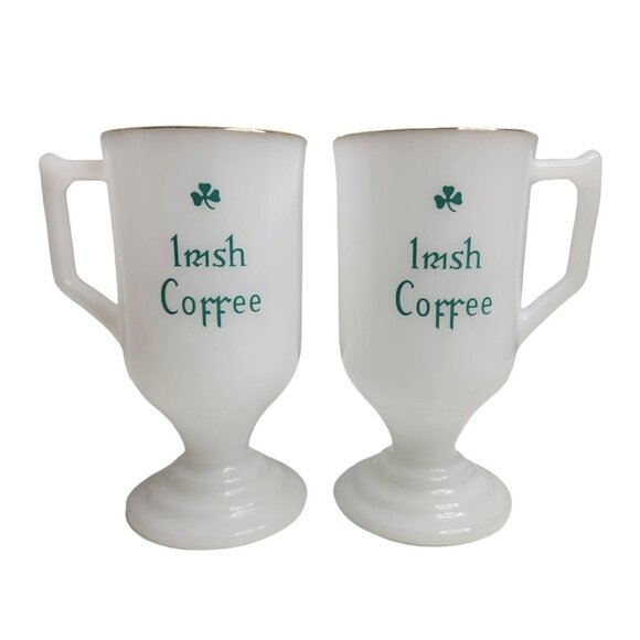 Vintage Irish Coffee Milk Glass Mugs Footed Pedestal Shamrocks Gold Rim Lot of 2 - Picture 1 of 6